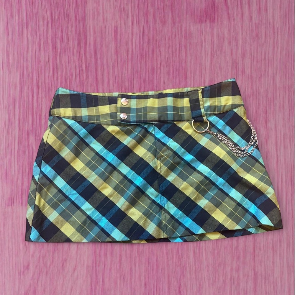 2000s blue and green plaid wet seal mini skirt with silver chain detail
